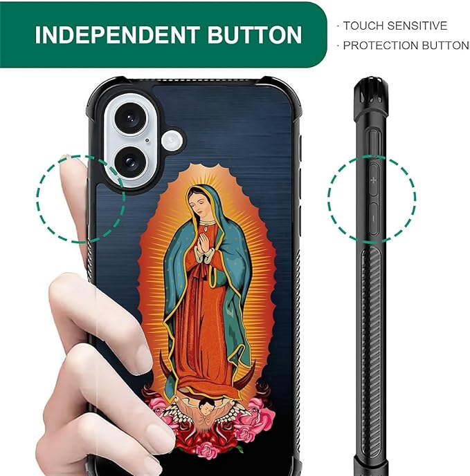 for iPhone 16 Case, Red Virgen Guadalupe Pattern Graphic Design Girl Boy Soft Silicone Hard Acrylic Shock Protection for iPhone 16