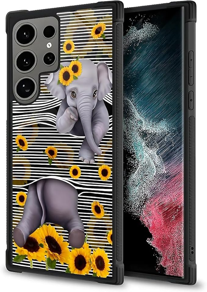 for Samsung Galaxy S24 Ultra Case, Cute Little Elephant Sunflower White Line Art Pattern Graphic Design Soft Silicone Hard Acrylic Shock Protection for Samsung Galaxy S24 Ultra
