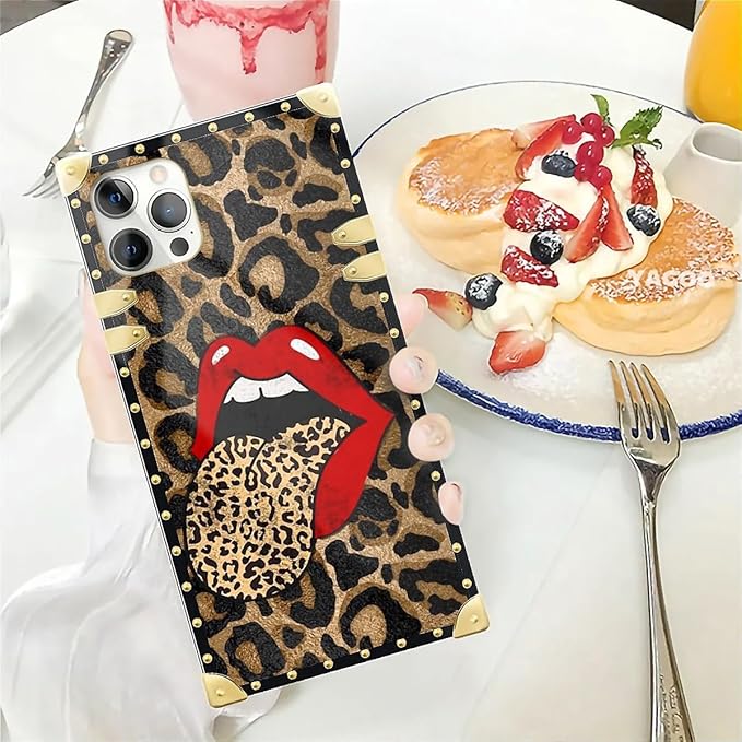 Compatible with iPhone 12 Pro Max Case, Brown Leopard Print Mouth Luxury Golden Decoration for Girl Women Soft TPU Shockproof Protective Hard PC Back for iPhone 12 Pro Max
