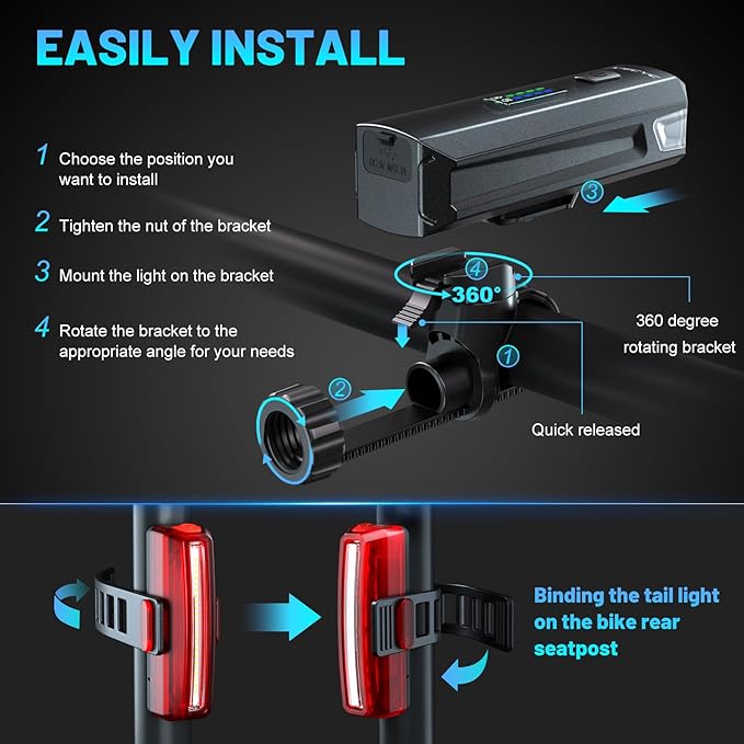 APECYC Bike Lights USB-C Rechargeable Bicycle Front Headlight and Rear Taillight with 4+5 Light Modes, Waterproof Bike Light Set for Night Riding, Commuter, Road & Mountain Cycling