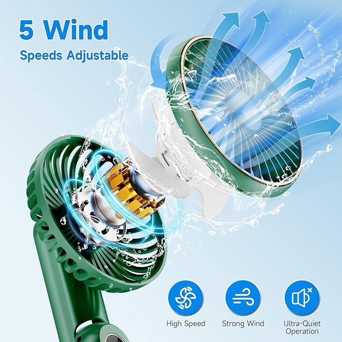 Portable Handheld Fan, 180° Foldable Personal Fan, USB Rechargeable Mini Hand Fans for Travel/Summer/Outdoor/Office, 5 Speeds Adjustable, LED Display, [5-15 Working Hours],Green