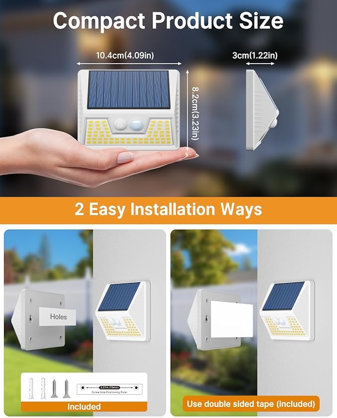 vighep 2Pack White Solar Lights Outdoor Motion Sensor, 3000K Warm Light/3 Lighting Modes, IP65 Waterproof Solar Powered Wall Lights Outside for Garden Fence Backyard Deck Driveway