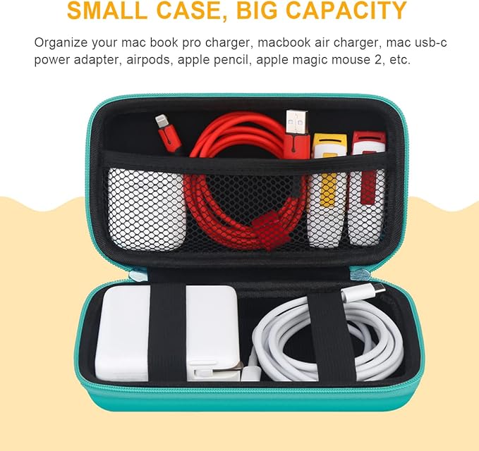 BOVKE PU Hard Travel Case for MacBook Air Pro Power Adapter Apple MagSafe 2 USB-C Charger, Extra Room for USB C Hub, Type C Hub, USB C Hub Multiport Adapter, Magic Mouse, Charging Cable, Turquoise