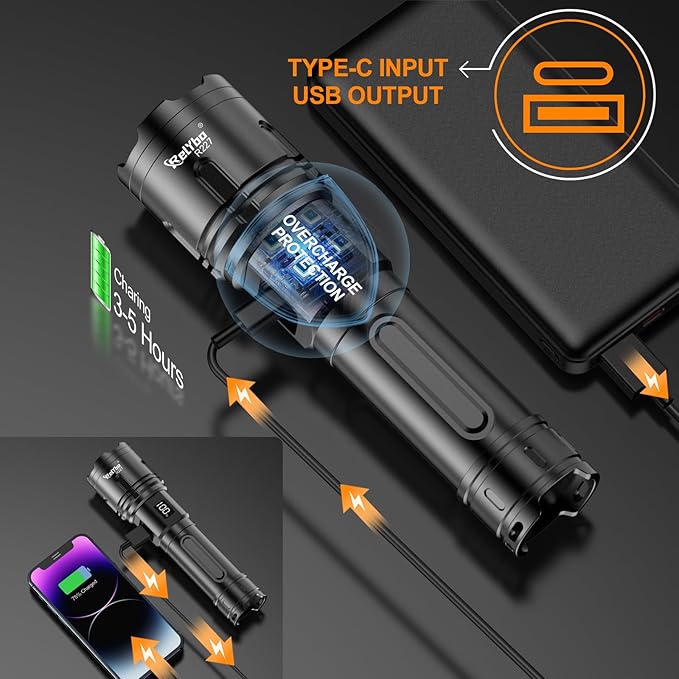 Relybo Rechargeable Flashlights High Lumens, LED Flashlight 100000 Lumens, Super Bright High Powered Flashlights, Long Rang 5000 FT, 2 Switch, Powerful Flashlights for Home Emergency Camping