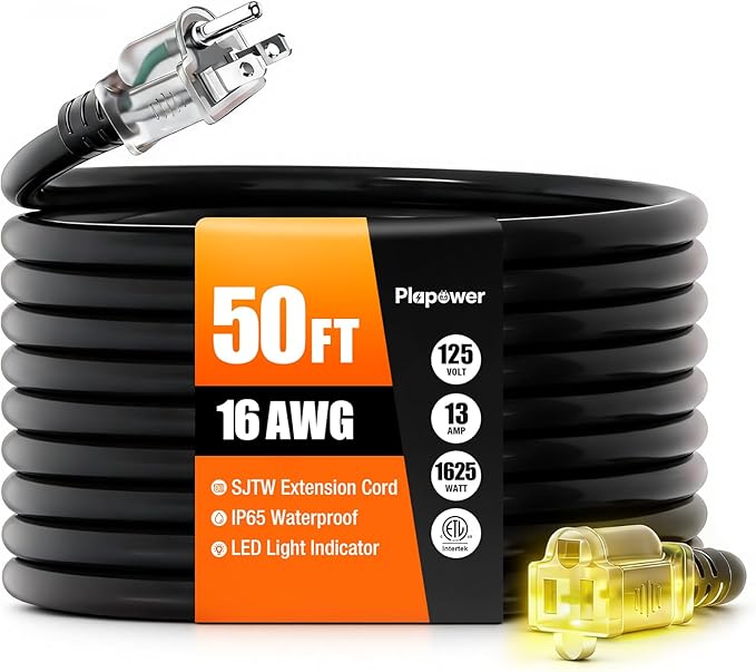 50 FT Outdoor Extension Cord Waterproof, 16/3 Gauge Heavy Duty 3 Prong Power Cord with Lighted Indicator End, 13A 125V 1625W SJTW, ETL Listed, Great for Lawn/Garden/Home(Black)