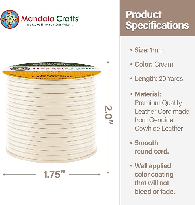 Mandala Crafts Round Genuine Cream Leather Cord for Jewelry Making – 1mm Cowhide Leather Rope String Lace for Kumihimo – 20 Yards Cowhide Craft Cording Spool