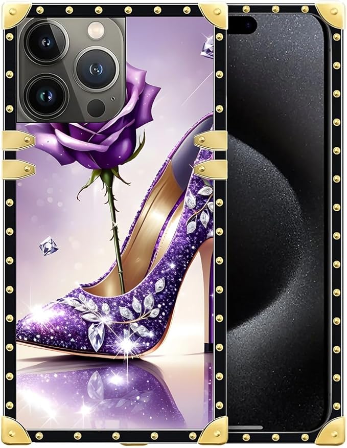 Compatible with iPhone 16 Pro Case, High Heeled Purple Diamond Rose Luxury Golden Decoration for Girl Women Soft TPU Shockproof Protective Hard PC Back for iPhone 16 Pro