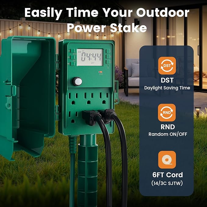 SURAIELEC Outdoor Power Stake, 7-Day Programmable Digital Timer, Power Strip Weatherproof, 6 Multi Plug Electrical Outlet Waterproof, 6 ft Extension Cord, for Outside Yard Light, Christmas Decorations