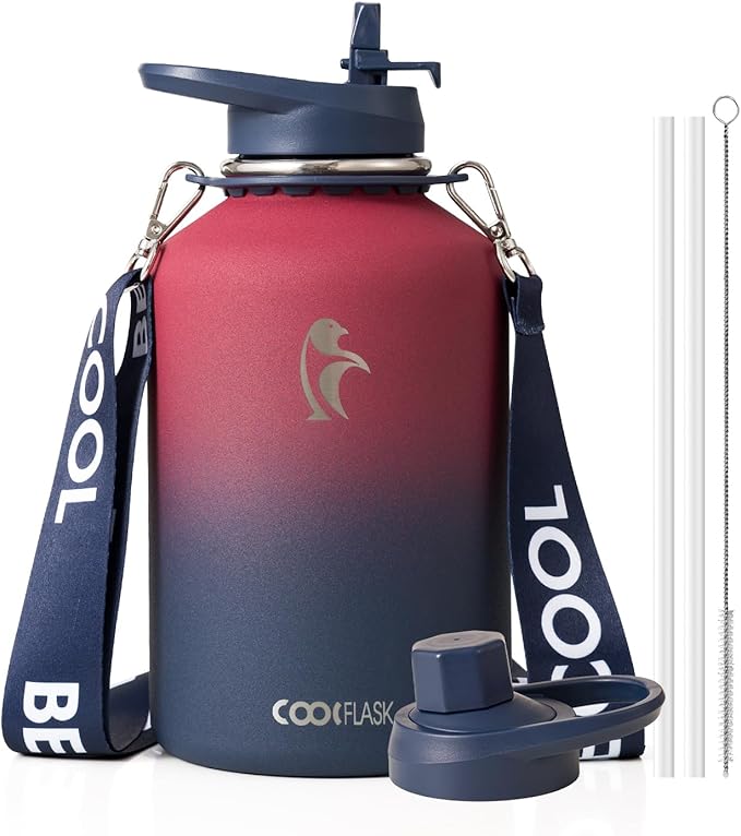 Coolflask Half Gallon Water Bottle with Strap, 64oz Insulated Water Jug Stainless Steel with Straw & Spout Lids, Metal Large Water Flask, Keep Cold 48h Hot 24h, Leak Proof, Non-BPA, Wine/Navy