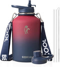 Coolflask Half Gallon Water Bottle with Strap, 64oz Insulated Water Jug Stainless Steel with Straw & Spout Lids, Metal Large Water Flask, Keep Cold 48h Hot 24h, Leak Proof, Non-BPA, Wine/Navy