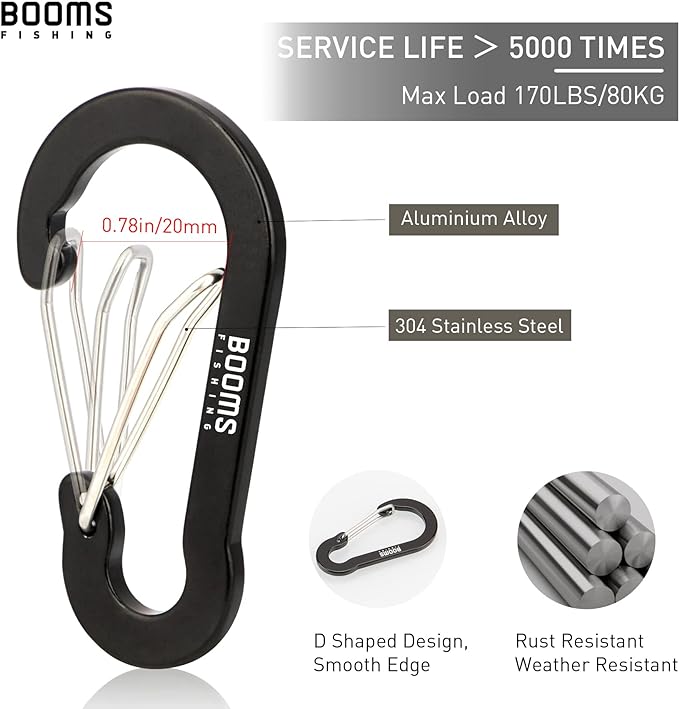 Booms Fishing CC5 Multi-Use Carabiner Clips, 10 Pack 2.7" Small Caribeener Clips, Mini Keychain Aluminum Caribeaner Clip
