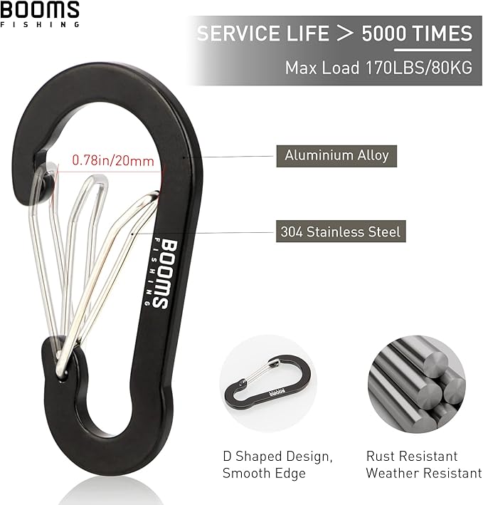 Booms Fishing CC5 Multi-Use Carabiner Clips, 10 Pack 2.7" Small Caribeener Clips, Mini Keychain Aluminum Caribeaner Clip