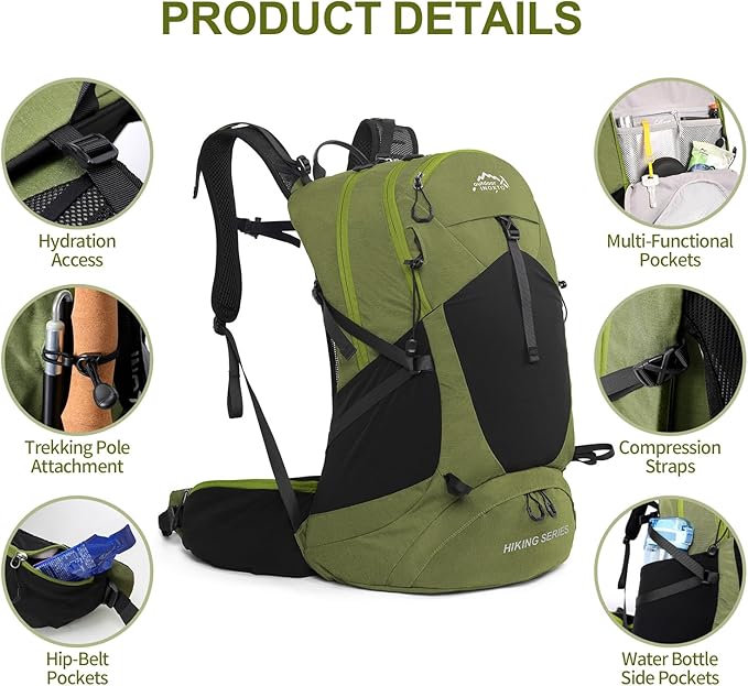 IX INOXTO Hiking Backpack, 26L/40L Waterproof Hiking Daypack with 3L Water Bladder and Rain Cover, Lightweight Travel Camping Backpack for Men Women (Dark Green)