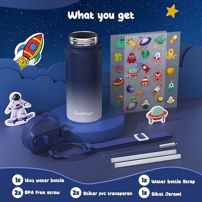 Kids Water Bottle, 16oz Kids Water Bottle with Stickers for School, insulated Stainless Steel Straw Cup(Blue/Gray)