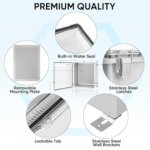 TICONN Outdoor Electrical Box Waterproof, Junction Box IP67 ABS Plastic Enclosure with Hinged Cover with Mounting Plate, Wall Brackets, Cable Glands (Clear, 17.7"x13.8"x7.9")