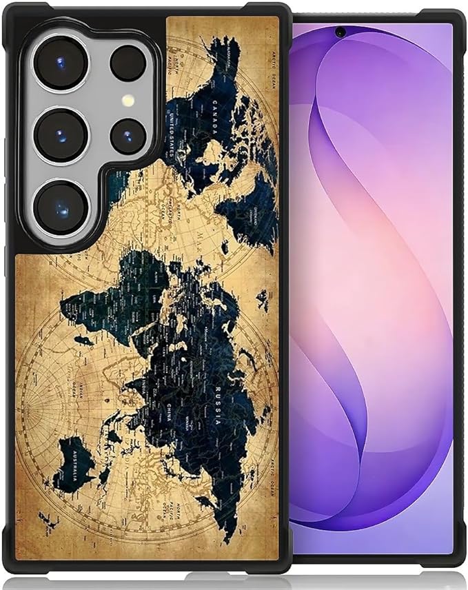 for Samsung Galaxy S26 Ultra Case,Graphic Design for Girl Boy Soft Silicone Hard Acrylic Shock Protection Designed for Samsung Galaxy S26 Ultra Brown World Map Pattern