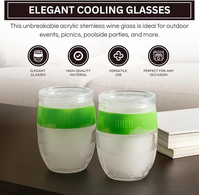 Freezable Wine Tumbler Set with Lids & Green Grip - 2 Set - 13 oz Tumblers Insulated Cooling Gel Glasses – Reusable Double Wall Stemless Cups for Keeping Drinks Cold, Outdoor Entertaining & Gifts