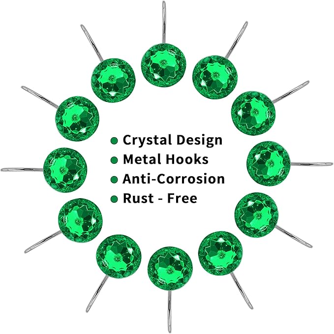 MitoVilla Green Shower Curtain Hooks Rings, Metal Shower Hooks for Emerald Green Shower Curtain & Liner, Rust Proof Shower Rings for Bathroom Shower Rod, 12 Pack Bathroom Set