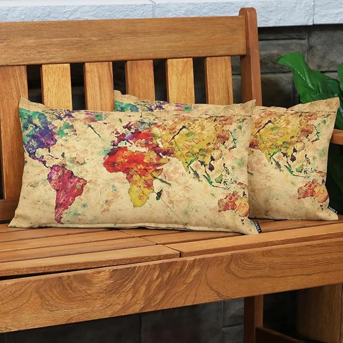 EKOBLA Watercolor World Map Lumbar Pillow Cases Vintage Global Stain Graphic Decorative Throw Pillow Cover Rectangle Cushion Covers Cotton Linen 12x20 Inch for Men Women