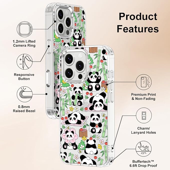MOSNOVO for iPhone 16 Pro Case, Shockproof Military-Grade Protection 6.6ft Drop Tested, Clear Phone Case for iPhone 16 Pro, Kawaii Panda Garden Design