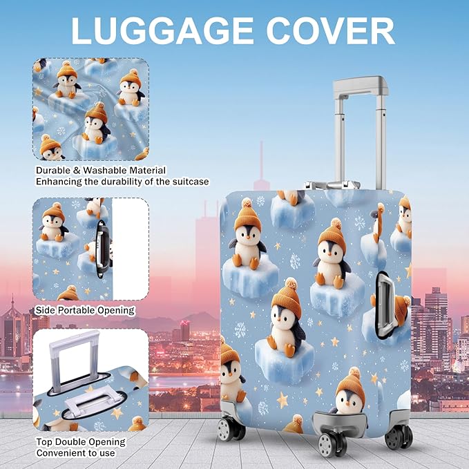 ANNA QUEEN Winter Penguin Luggage Cover, Cute Penguin on Ice Pattern Suitcase Protector, Washable Stretchable Travel Sleeve for 20-22 Inch Luggage