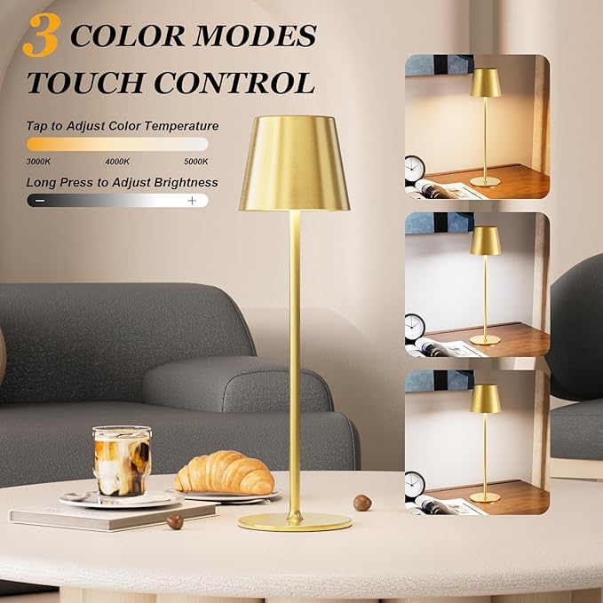 Kakanuo Cordless Table Lamp Rechargeable Gold - KK 2 Pack 5000mAH Battery Operated Lamp for Dining Table, 3 Color Stepless Dimming Wireless Lamp for Counter, Outdoor Patio, Touch Control