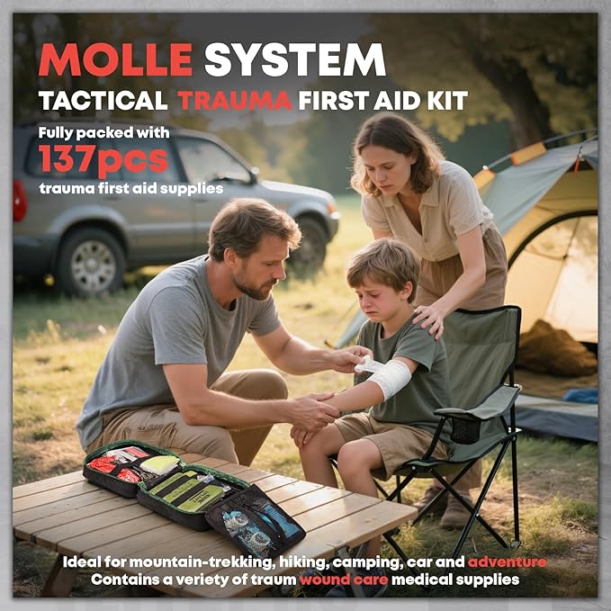 Survival First Aid Kit - IFAK Trauma Kit with Trauma Bandage, Splint, Tourniquet, Wound Care, Bleeding Control - Tactical Molle Pouch for Combat, Camping, Home, Hiking,Travel- Green
