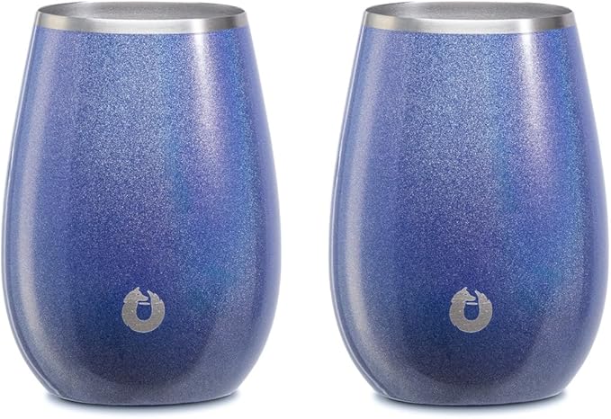 SNOWFOX Premium Vacuum Insulated Stainless Steel Classic White Wine Glass, Set of 2, Lightweight Stemless Cocktail Glasses,Elegant Home Entertaining Barware,8oz,Shimmer Blue