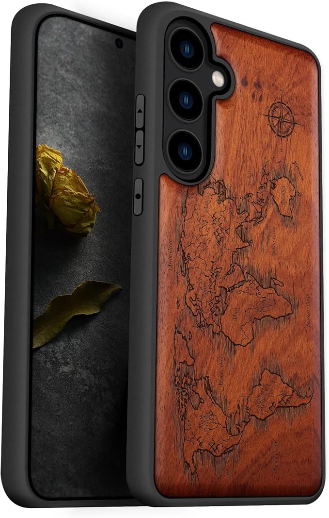 Carveit Wood Case for Galaxy S24 Plus Case [Natural Wood & Black Soft TPU] Shockproof Protective Cover Unique Wooden Design Compatible with S24 Plus (Compass Maps-Rosy)