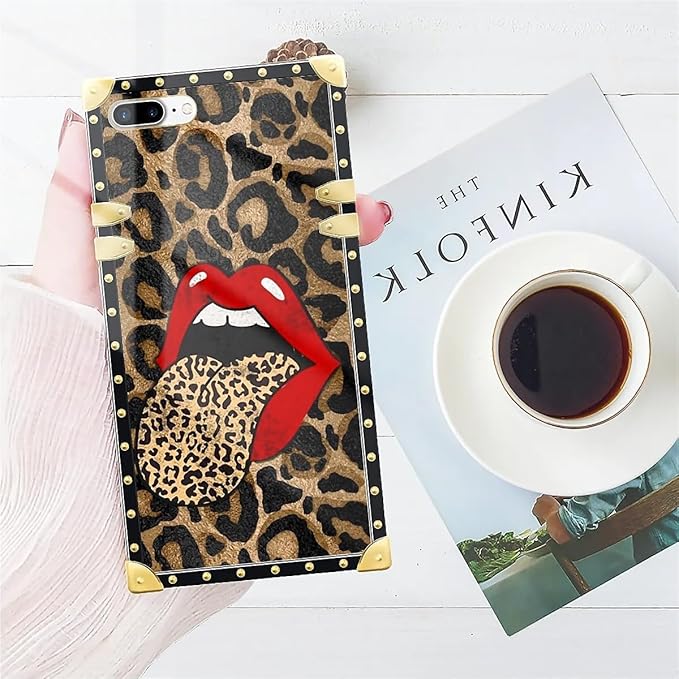 Compatible with iPhone 8 Plus 7 Plus Case, Brown Leopard Print Mouth Luxury Golden Decoration for Girl Women Soft TPU Shockproof Protective Hard PC Back for iPhone 8 Plus 7 Plus