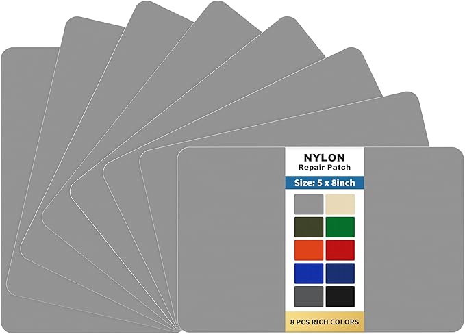 KING MOUNTAIN Self Adhesive Nylon Fabric Repair Patch, 5×8 Inches 8 Pcs, Quick Down Jacket Repair Patch, Waterproof Outdoor Gear Patch Kit for Tent,Backpacks,Umbrella, Gloves, Sleeping Bag (Grey)