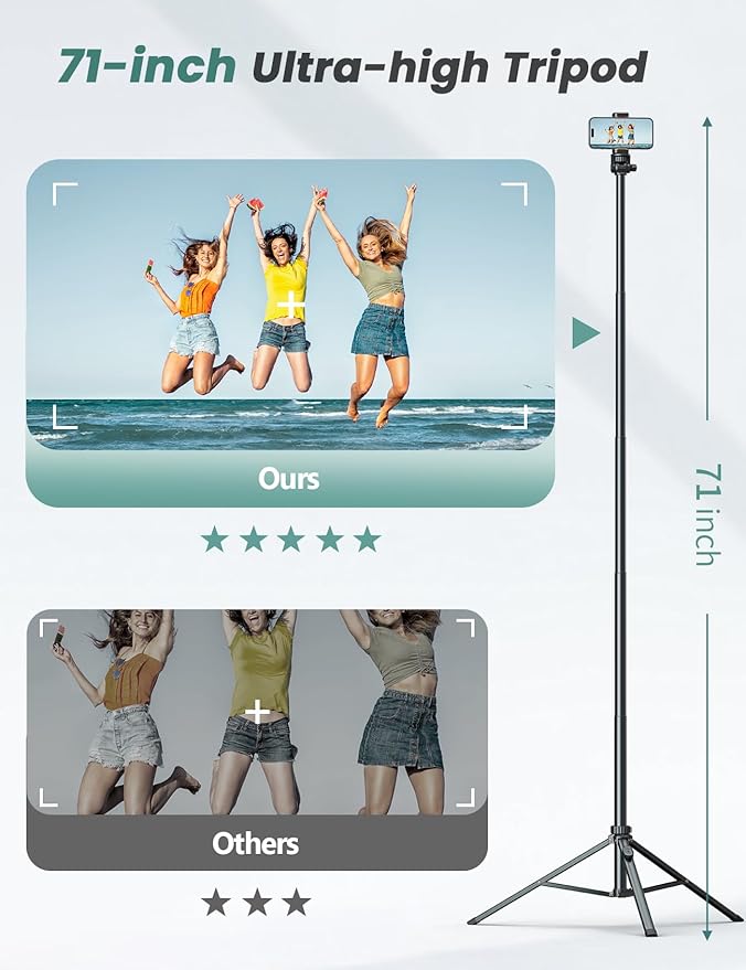 71''/180cm Extendable Phone Tripod Aluminum, Portable Stand for Video Recording, Travel Tripod for iPhone/Cell Phone/Camera Video Light, Compatible with Smartphones, DSLR