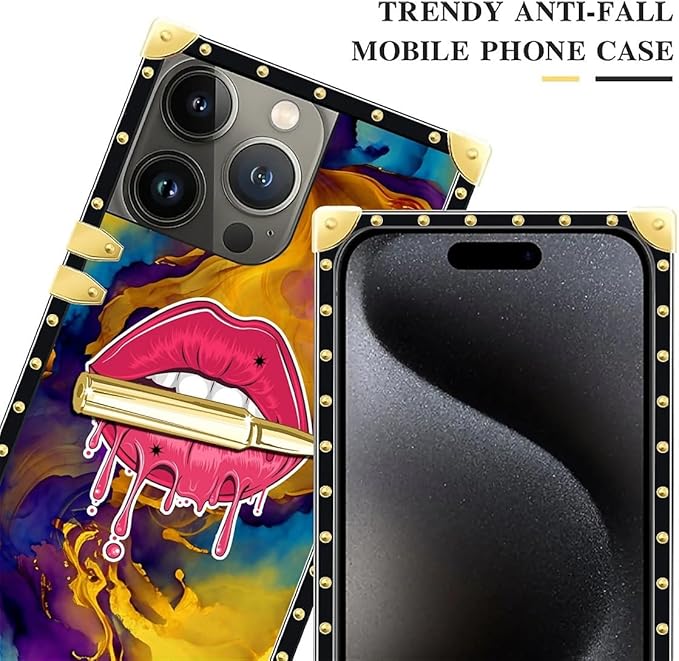 Compatible with iPhone 16 Pro Case, Cool Corlorful Lip Marble Luxury Golden Decoration for Girl Women Soft TPU Shockproof Protective Hard PC Back for iPhone 16 Pro