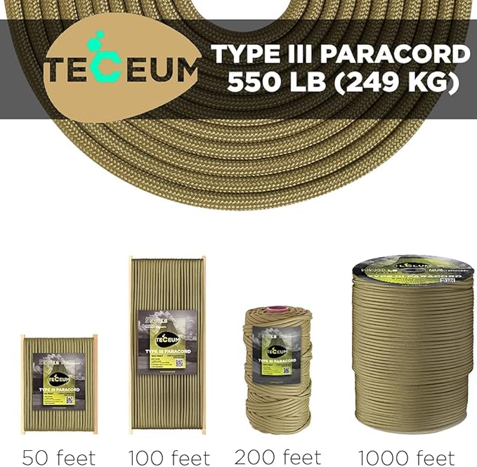 TECEUM Reflective Paracord Rope 1000 – 1000ft/200ft/100ft/50ft – 40+ Colors – Glow in The Dark – para Cord – Utility Rope for Survival, Hunting & Camping Gear – Nylon String, Camping Rope, Tent Cord