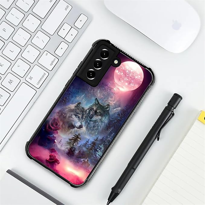 for Samsung Galaxy S21 FE Case, Star Two Wolfs Howling Pattern Graphic Design Girl Boy Soft Silicone Hard Acrylic Shock Protection for Samsung Galaxy S21 FE