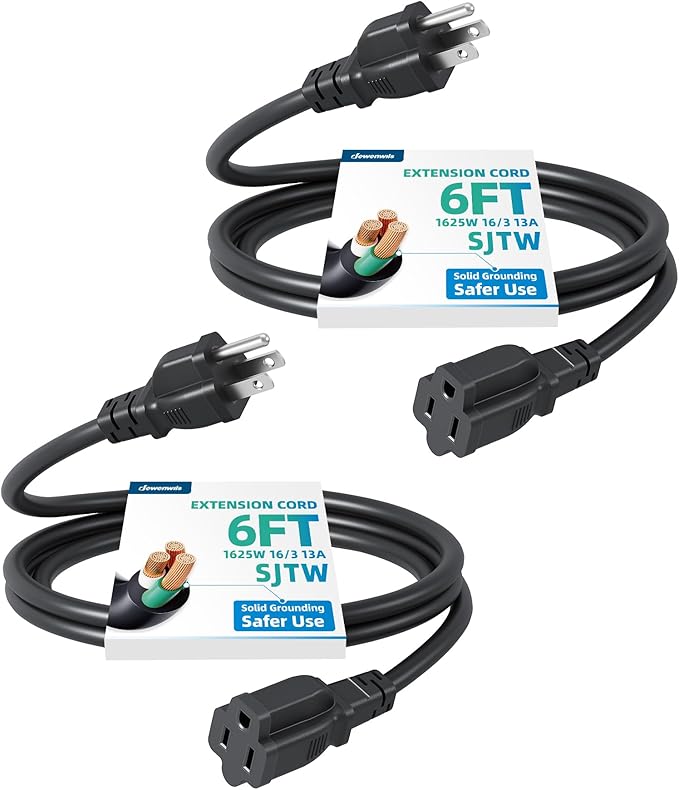 DEWENWILS 2 Pack 6FT Outdoor Extension Cord Waterproof, Short Extension Cord 16 AWG SJTW, NEMA 5-15P to 5-15R, 3 Prong Grounded Plug, for Indoor and Outdoor, ETL Listed, Black