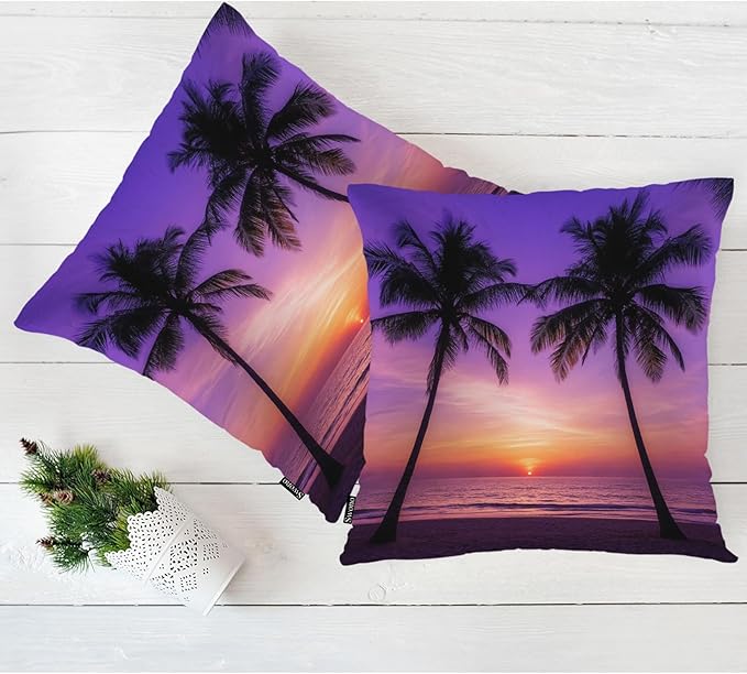 Swono Tropical Beach Throws Pillows Covers for Couch, Sunset Ocean Beach Palm Trees Decorative Pillow Cases for Men Women, Comfortable Pillow Cushion Cover Pack of 2 18"X18" for Home Sofa Bed Purple