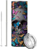 Firmiso 20 oz Tumbler｜Skinny Insulated Travel Mug｜Butterfly Skull Design Stainless Steel Cup with Lid and Telescopic Straw｜Gothic Aesthetic Drinkware｜Artistic Gift Idea for Women Men