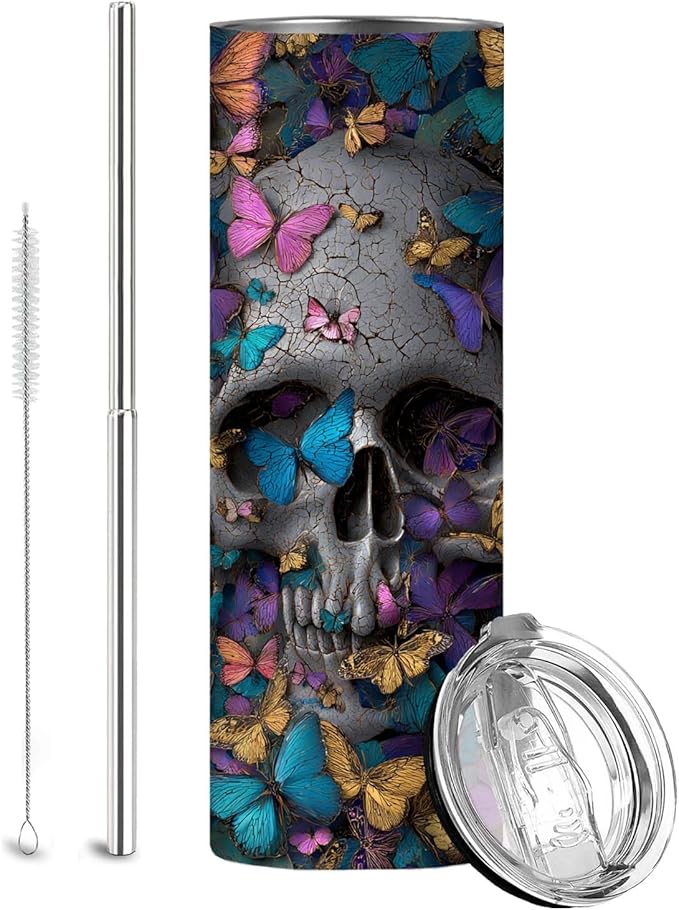 Firmiso 20 oz Tumbler｜Skinny Insulated Travel Mug｜Butterfly Skull Design Stainless Steel Cup with Lid and Telescopic Straw｜Gothic Aesthetic Drinkware｜Artistic Gift Idea for Women Men