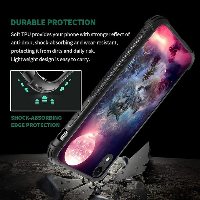 for iPhone XR Case, Star Two Wolfs Howling Pattern Graphic Design Girl Boy Soft Silicone Hard Acrylic Shock Protection for iPhone XR