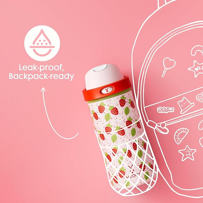 18 oz Insulated Water Bottle for Kids: Meoky Stainless Steel Water Bottle with 2-in-1 Straw and Spout Lid - Leak Proof, Cold for 24 Hours, BPA-Free for Girls School Sports, Strawberry Garden
