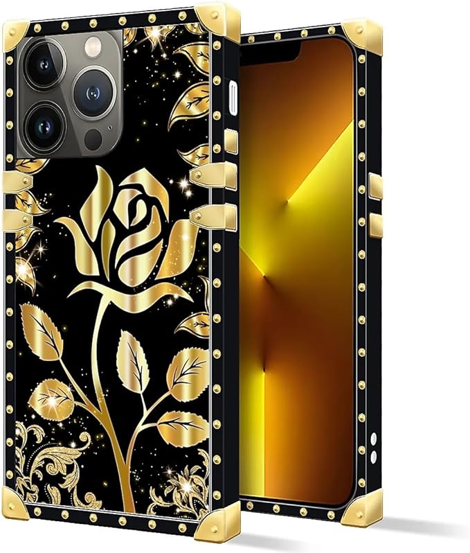 Compatible with iPhone 13 Pro Max Case, Shine Gold Rose Luxury Golden Decoration for Girl Women Soft TPU Shockproof Protective Hard PC Back for iPhone 13 Pro Max
