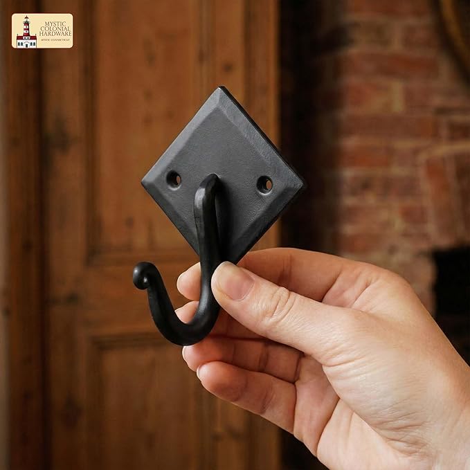 Mystic Colonial Rustic Cast Iron Wall Hooks, 3.6" Heavy Duty Coat Hooks for Coat, Bag, Towel, Hat & Robe, Mounting Hardware Included, Black, Pack of 1