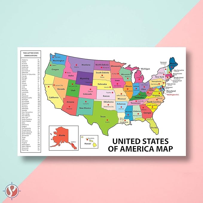 United States Map - USA Poster, US Educational Map - With State Capital - for Ages Kids to Adults- Home School Office - Printed on 12pt. Glossy Card Stock | Bulk Pack of 10 | 12 x 18 Inches