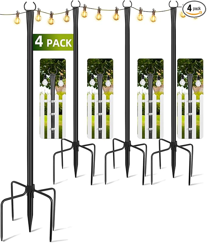 String Light Poles for Outside 4 Pack, 10ft Metal Outdoor String Light Poles for Deck - Ideal for Patio, Garden, Yard, Front Porch Decorations, Black