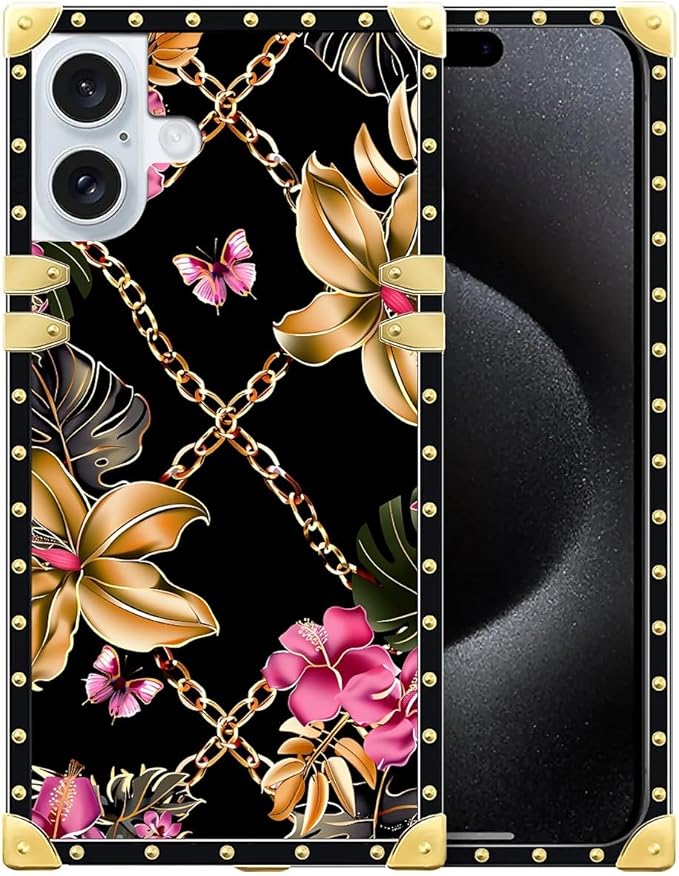 Compatible with iPhone 16 Case, Pink Golden Chain Tropical Flower Luxury Golden Decoration for Girl Women Soft TPU Shockproof Protective Hard PC Back