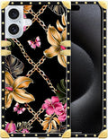 Compatible with iPhone 16 Case, Pink Golden Chain Tropical Flower Luxury Golden Decoration for Girl Women Soft TPU Shockproof Protective Hard PC Back