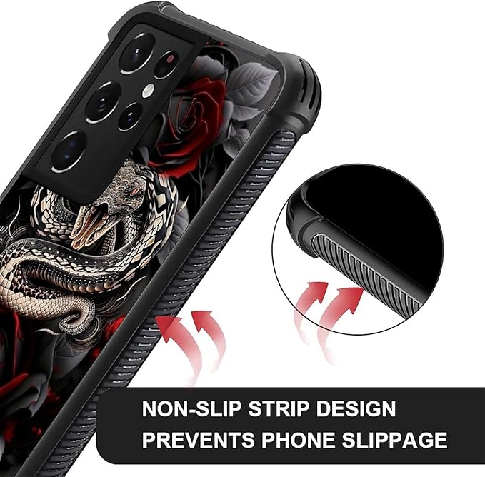 for Samsung Galaxy S21 Ultra Case, Entwined Rose Snake Pattern Graphic Design Girl Boy Soft Silicone Hard Acrylic Shock Protection for Samsung Galaxy S21 Ultra