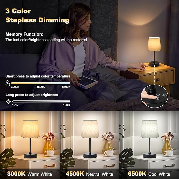 Wowag Small Cordless Table Lamp,5000mAh Rechargeable Battery Operated Desk Lamp,3 Colors & 7 RGB Stepless Dimmable, Portable Touch Fabric Shade LED Night Light for Bedroom Restaurant Home(Flaxen)