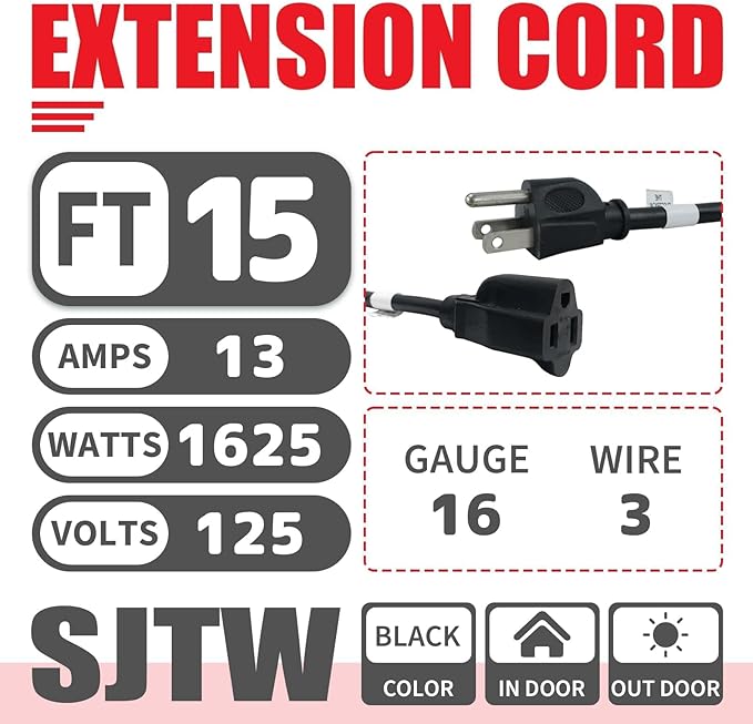 EP 2 Pack 15FT Black Outdoor Extension Cord, 16/3 SJTW Heavy Duty Waterproof, 3 Prong Grounded Plug, 13A 1625W 16AWG, Cold-Resistant Flexible Power Cable for Garden, Home, Christmas Lights